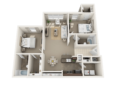 Floor plan for 2 beds, 2 baths, 1086 sqft